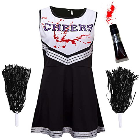 Zombie-Cheerleader-Kostüm mit Kunstblutröhrchen, „totes Cheerleader“-Outfit für Damen, Mädchen oder Kinder zu Halloween, Schwarz-Weiß, Größe XS