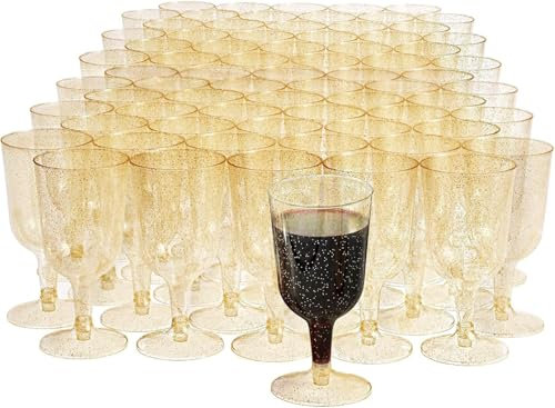 MATANA 50 Premium Weingläser Plastik mit Goldglitter, 180ml - Weingläser aus Kunststoff, Glitzer Weingläser, Cocktailgläser, Weinbecher, Plastikbecher für Hochzeiten, Partys - Stabil & Mehrweg