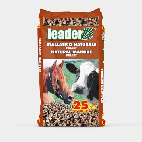 LEADER, Stallatico Pellettato, Fertilizzante Naturale, Per Giardino, Orto, Frutteti e Pre-semina, Derivato da Letame Animale Selezionato, Formato Pellet Per Distribuzione Omogenea, Sacchetto da 25Kg