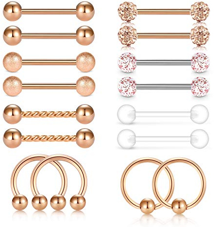 Mayhoop 16Piezas 14G Piercing Lengua Piercing Pezón Acero Inoxidable Bolas Barbell Anillos de Lengua Pezón Oro Rosa Piercing de Cuerpo 14mm