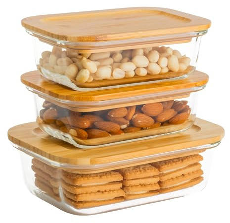 Homiu Glass Food Storage Containers with Bamboo Lids | Borosilicate Meal Prep Glass Container | Freezer, Oven, Microwave & Dishwasher Safe | BPA Free | Leakproof & Airtight Lunch Boxes