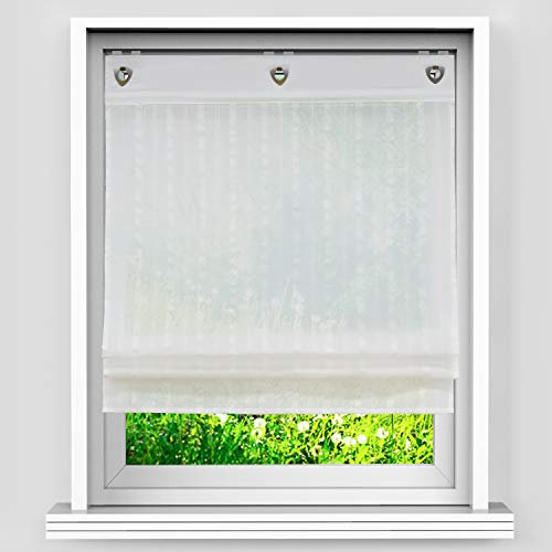 Heichkell Transparentes Raffrollo ohne Bohren Unifarbiges Ösenrollo Gestreifte Raffgardine mit Leinenoptik Gardine mit Hakenaufhängung Weiß BxH 140x140cm