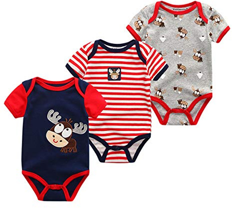 Kiddiezoom Baby pojkar 3-pack kortärmad bodysuit ekologiska onesies, 3-pack hjort/tryck/randig, 3-6 månader