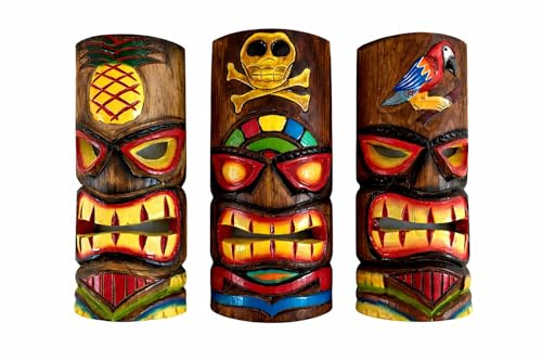 OMA Wooden Tiki Masks Tiki Totems Hand Crafted Polynesian Hawaiian Style Floral Painted Tiki Masks, Wall Décor, Set of 3 Assorted Colors, 12 High (Tropical)