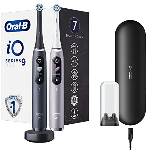 Oral-B iO 9 Duopack Elektrische Zahnbürste, wiederaufladbar, mit 2 Griffen, künstliche Intelligenz, Schwarz und Rosenquarz, 2 Aufsteckbürsten und Premium-Reiseetuis gratis