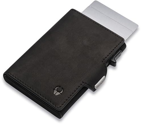 DONBOLSO Cartera delgada Austin I Soporte minimalista de empuje para tarjetas con espacio para 10 tarjetas y protección RFID I Tarjetero compacto de cuero I Cartera de cuero genuino para hombre con