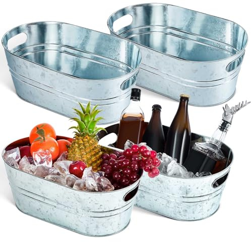 Tessco 4 Pcs 4 Gallon Galvanized Metal Tubs Large Ice Buckets for Parties Beverage Drink Tin Bins Champagne Cocktail Wine Cooler for Summer Mimosa Bar Supplies (Classic,Silver)