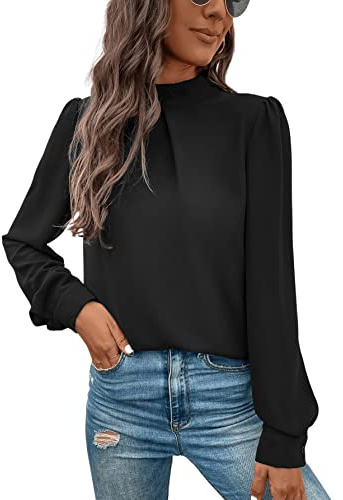 GORGLITTER Damen Blusen Elegant Hemdbluse Stehkragen Chiffonbluse OL Business Oberteil Schwarz M