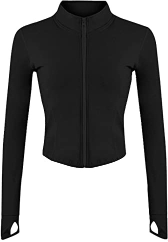 Sukany Women's Lightweight Full Zip Running Track Jacket Workout Slim Fit Stretchy Athletic Yoga Sportwear with Thumb Holes Black M