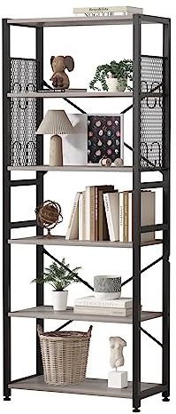 TREETALK 6 Tier Bookshelf, Standing Bookcase with 2 X-shape Strips,Metal Mesh Side Panels, 8 S-shaped Hooks, Industrial Storage Rack for Office, Living Room (Grey)