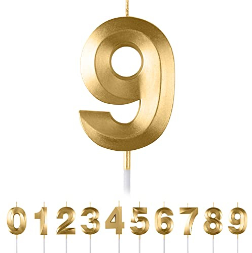 Maclunar Geburtstagskerzen Zahlen 9,3D Gold Geburtstagskerzen,Kerzen Geburtstag Zahl 9, Kuchen Topper Dekoration Kuchendeko Geburtstag, Geburtstagskerzen für Geburtstagsdeko