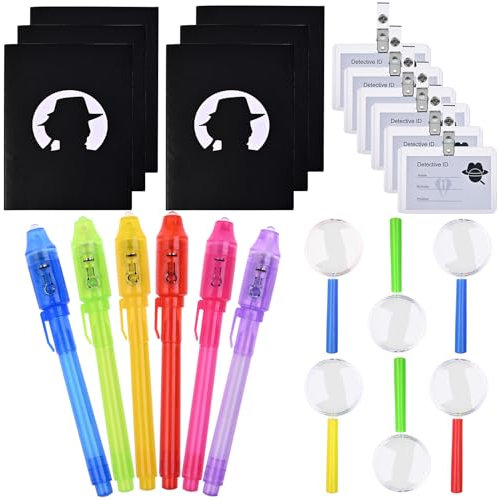 GOLDGE UV Stift Mitgebsel Kindergeburtstag Gastgeschenke Jungen Mädchen, 6 Zauberstifte Kinder UV Stift + 6 Notizbuch + 6 Lupen + 6 Detektivausweise, Stift Unsichtbar