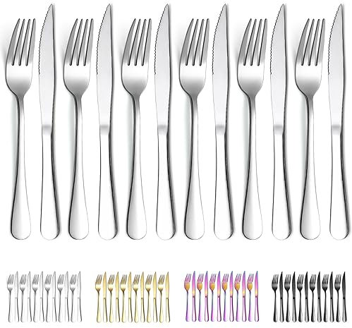 Evanda Steak Knives Set 12 Piece Service for 6, Stainless Steel 6 Dinner Forks and 6 Dinner Knives Set, Steak Knives Steak Forks, Dishwasher Safe