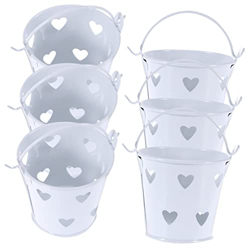HAKIDZEL 6Pcs Storage Bucket Succulent Planter Mini tin pails Pen Organizers Candy Holder Bowl Heart vases for Flowers Votive Candles Holder Candy Buckets Mini pots Tinplate Drum Iron White