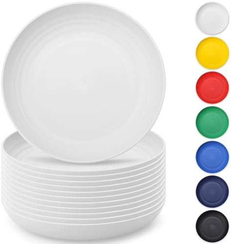 Berglander Blanc Assiettes en plastique de 12 pièces 23cm réutilisables et robustes incassables bols de pâtes, vaisselle pour la maison, enfant, facile à transporter pour pique-, camping