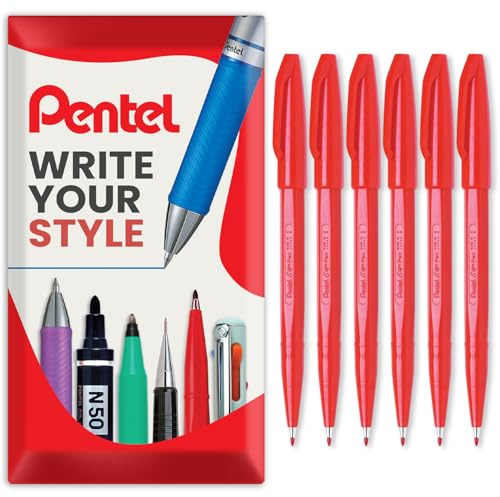 Pentel S520 Original Sign Pen Fasermaler, Fineliner, 2 mm Spitze, 1 mm Linie, rote Tinte, 6 Stück in Geschenkbox