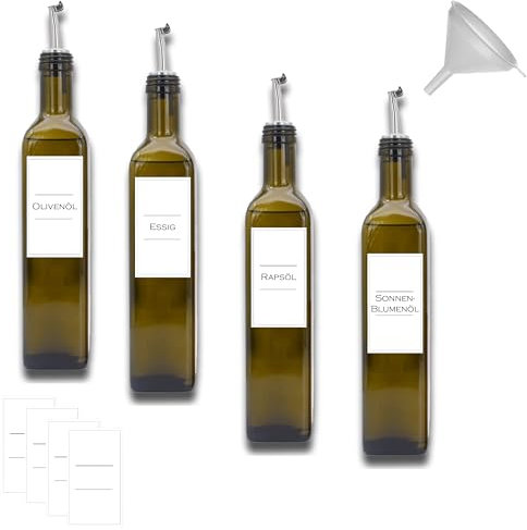 Essig und Ölflaschen Set 4x 500 ml aus Glas mit Trichter, wasserfesten Etiketten Made in Germany (4x antikgrün, mit Edelstahl-Ausgießer)