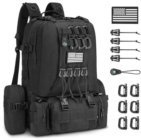 CVLIFE 60L Tactical Backpack for Men Women Military Large Army Rucksack With D-Ring Molle Clips Compass Accessories 3 Day Bug Out Survival Molle Bag Hiking Camping Gym Daypack Backpacks,Black