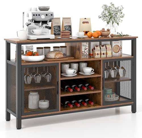 COSTWAY Sideboard, Küchenschrank mit 2 Metallgittertüren, offenen Fächern, Weinregalen & Weinglashaltern, Aufbewahrungsschrank für Küche, Esszimmer & Wohnzimmer, 140 x 40 x 82,5 cm (Rustikales Braun)