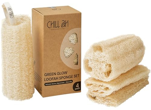 Chill Ah Natural Loofah Sponge Set – 100% Plant-Based, Dye-Free, Biodegradable Bath Exfoliator for Glowing Skin – Handcrafted in Vietnam (4-Pack)