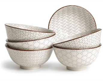 Ard'time - Lot de 6 Bols Médiums, bols à Céréales, à Soupe, Bols en Porcelaine Blanches avec Imprimés Gris, Vaisselle Elégante, Contenance 550ml, Adapté Lave-Vaiselle et Micro-onde, Collection SLOW