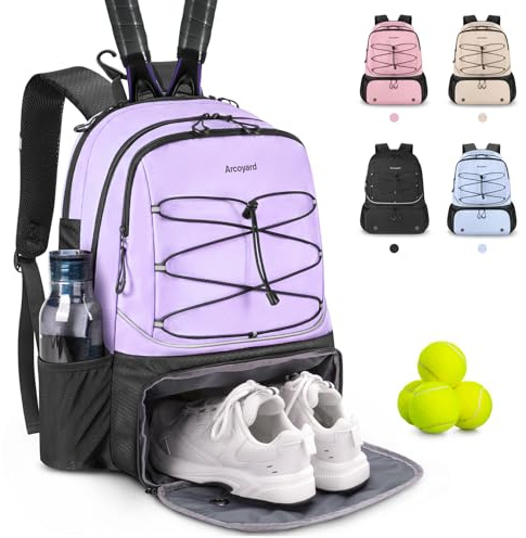 Arcoyard Tennisväska, stora tennisväskor för kvinnor, tennisryggsäck med ventilerat skofack och isolerad ficka, rymmer 2 tennispickleball-racketar, tennispickleballbollar med mera. Lila