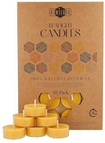 100% Bienenwachskerzen – Bienenwachs Teelichter mit Baumwolldochten – 4 Stunden Brennzeit –48-teiliges Kerzenset – Kerzen mit Recyceltem Kunststoff – Reine Bienenwachs Kerzen von Danilovo