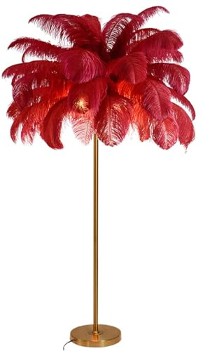 Lampe à Plumes sur Pied Dimmable - Corps Doré, 160 cm de Hauteur, G4-LED pour Salon, Chambre, Lecture - Rouge, Grand