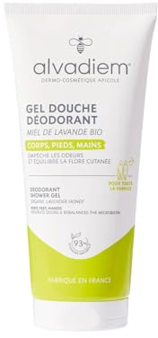 Alvadiem | Gel Douche Déodorant au Miel de Lavande Bio | Élimine les Odeurs Corporelles Durablement | Prébiotiques, Tea Tree, Palmarosa | Fabrication Française, Sans Sulfate ni Savon | 200 ml