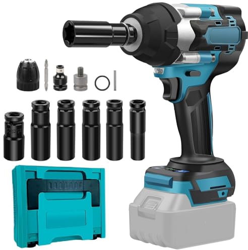 1000Nm Akku Schlagschrauber Kompatibel mit Makita 18V Lithium-Akku, Professional 1/2 Schlagschrauber A-kku für Auto Reifenwechsel, A-kku Drehschlagschrauber hohes Drehmoment mit 6 Stecknüsse (1000NB)