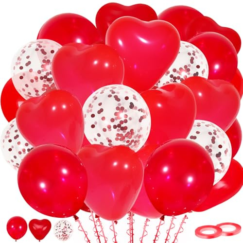 Rote Luftballons, 60 Stück, Latex-Herz- und Konfetti-Luftballons mit rotem Band für Geburtstag, Abschlussfeier, Babyparty, Valentinstag, Weihnachten, Hochzeit, Party-Dekorationen