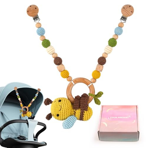 JWTRSVTY Kinderwagenkette aus Holz und Häkeln, Cartoon Tiere, Weihnachten, Geschenk zur Geburt für Babys Ab 0+ Monaten (Bienen)