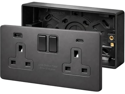 SH|P® 2 Gang 13A Screwless Matte Black Switched Socket with Dual 15W USB Fast Charging Ports (Type A & C) and 32mm Surface Mount Pattress Box