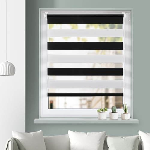 Grandekor Doppelrollo Klemmfix ohne Bohren Schwarz-Weiß 100x150cm(Stoffbreite 96cm) Fenster Rollos für innen Klemmrollos Duo Rollos für Fenster ohne Bohren mit Bohren Privatschutz Zebrarollo