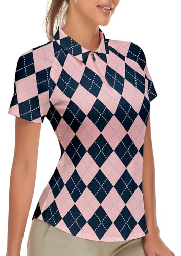 Soneven Polo Traspirante da Donna, Leggera, Aderente, a Quadri, UPF 50+, Manica Corta 1/4, Chiusura Lampo, ad Asciugatura Rapida, per Golf Tennis