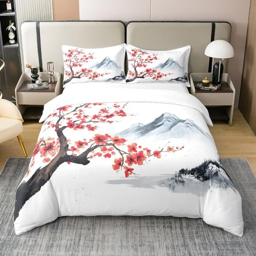 Homewish Style Japonais Coton Housse de Couette 220x240,Japonais Ukiyo-E Parure de Lit pour Le Lit,Fleurs de Cerisier Literie Set Doux pour Enfants Adolescents,Collines Florales Botaniques Couvre Lit