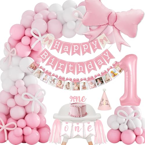 1. Geburtstag Mädchen Deko, Rosa Weiß Luftballon 1. Geburtstag Party Dekorationen, Hochstuhl Banner, Geburtstagsdeko 1 Jahr Mädchen