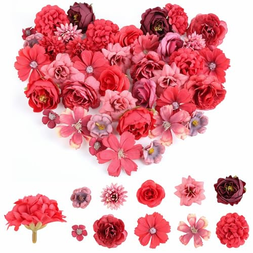 40 Stück Kunstblumen Blumenköpfe, Kunstblumen Zum Basteln mit 10 Stile, Künstliche Blumen Deko Klein Seidenblumen, Fake Flowers Blumen für Hochzeit Home DIY Crafts Scrapbooking, Rot Burgunderrot