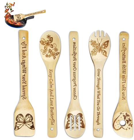Mincloss 5 Stück Bambus Kochutensilien Set Holzkochlöffel Holz Fannenwender Gravur Kochlöffel Set Schnitzerei Bambus Spatel Personalisiert Holz Kochlöffel für Kochen Küchenzubehör Einweihungsgeschenk