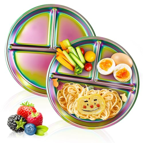 YushengTai 2 Stück Edelstahl Kinderteller, 22.8 cm Portionskontrollteller Geteilte Teller für Erwachsene mit unterteilung Kleinkind Mittagstisch, Fächern Kindergeschirr, Camping Esstray