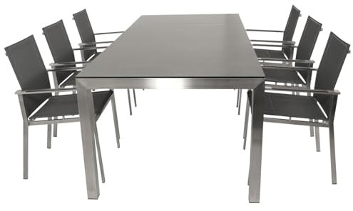 DEGAMO Gartengarnitur Sydney 7-teilig Edelstahl (6X Stapelsessel gepolstertes Kunstgewebe grau und 1x Ausziehtisch in Keramikoptik 180/240x100cm), Outdoor wetterfest