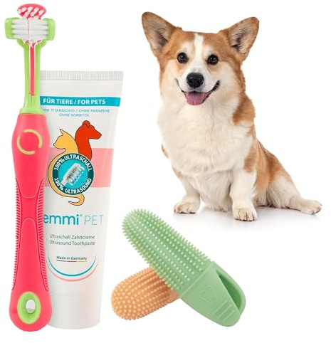 emmi-pet Zahnpflegeset für Hunde - 1x3köpfige Hundezahnbürste mit 1x Hundezahnpasta und 2x Fingerzahnbürste (Pink, Welpe - Junghund)
