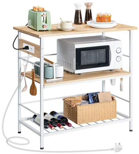 HOOBRO Kitchen Island with Storage, 3 Tier Coffee Station and Microwave Stand, Kitchen Island Table with Power Outlet, for Home, Dining Room, Natural and White EWN021KZD01