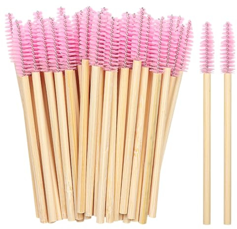 50PCS Disposable Lash Mascara Wands, Bamboo Eyelash Mascara Brushes, Eyelash Spoolies eyebrow brush Makeup Kit, Eyelashes Extension Brush Applicator Mascaras Wands Cosmetic Makeup Tools (Pink)