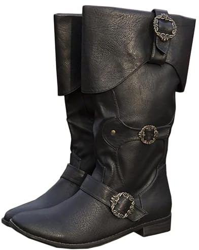 Stivali da cavaliere medievale for adulti Cosplay - Scarpe vichinghe retrò con gambale lungo e polsini in pelle - Stivali in pelle PU rinascimentali, stivali taglie forti con fibbia for cintura(45 EU)