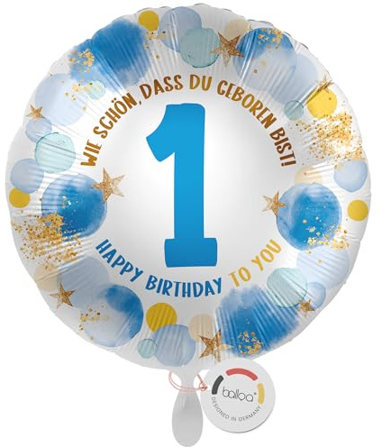 balloa Folienballon 1. Geburtstag Junge, Helium Ballon mit Zahl 1 und Aufdruck Wie schön, dass du geboren bist, Geburtstagsdeko, Ballon Geschenk zum 1. Kindergeburtstag, 33cm