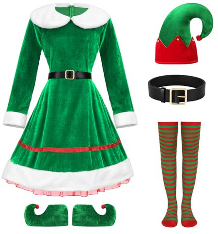 LEACOOLKEY Costume da elfo di Natale Set Vacanza Elfo Cosplay Vestito di Velluto Vestito di Natale per Festa Con Cappello Scarpe Cinghia Calzini