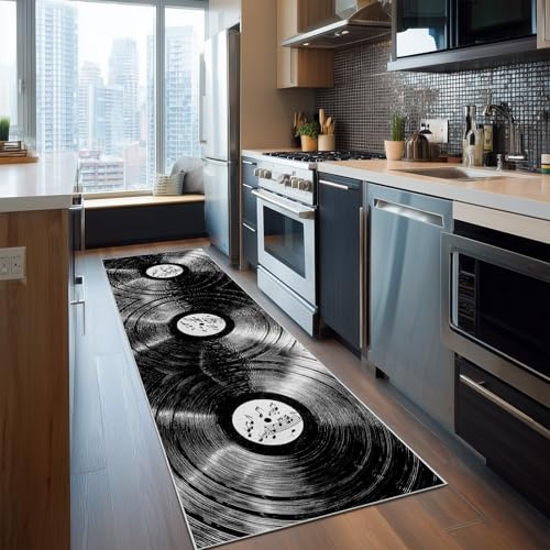 Dppyuxa Flurteppich Läufer Retro Vinyl Schallplatten rutschfest | und Waschbar, Teppich Lang für Flur und Küche Musiknote Küchenteppich Monochrom Scheibe Teppich Maschinenwaschbar 60x180 cm