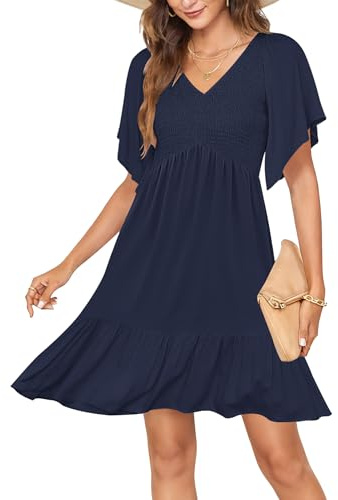 AUSELILY Cute Summer Baby Doll Dresses Women 2026 Empire Waist Mini Flowy Sundress Short Ruffle Sleeves Smocked with Pockets Navy Blue