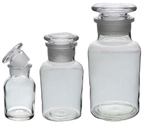 UNIQUE HOME LIVING UHL Apothecary Jar Set of 3 Reagent Bottles, Clear Glass Storage Jars with Lid, Refillable Container for Essential Oils, Bath Salts, Lotion, Perfume - 60ml, 125ml, & 250ml